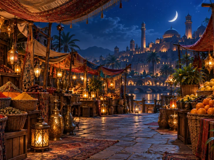 A lantern-lit fantasy market beneath a deep blue night sky