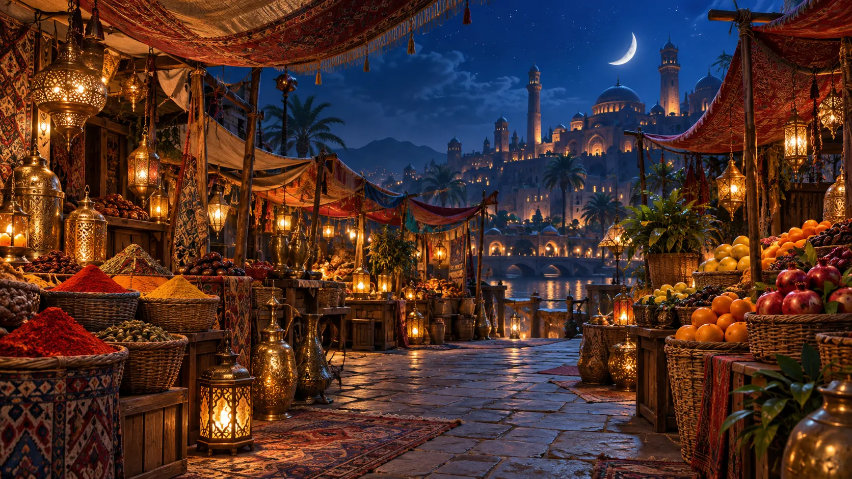 A lantern-lit fantasy market beneath a deep blue night sky