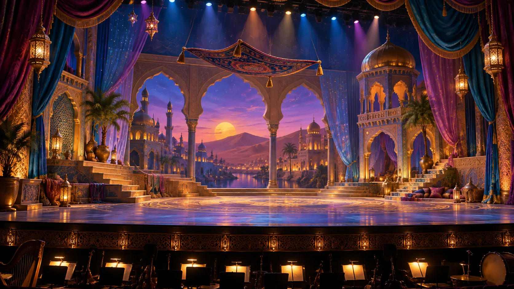 A colorful theater stage prepared for a magical desert musical