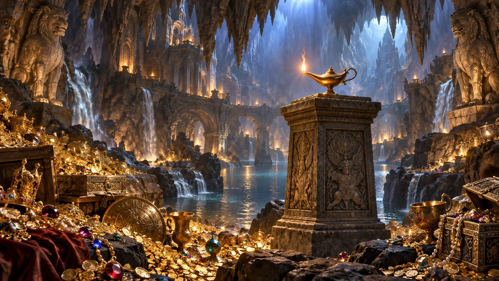 A vast treasure cave with a brass lamp on a stone pedestal