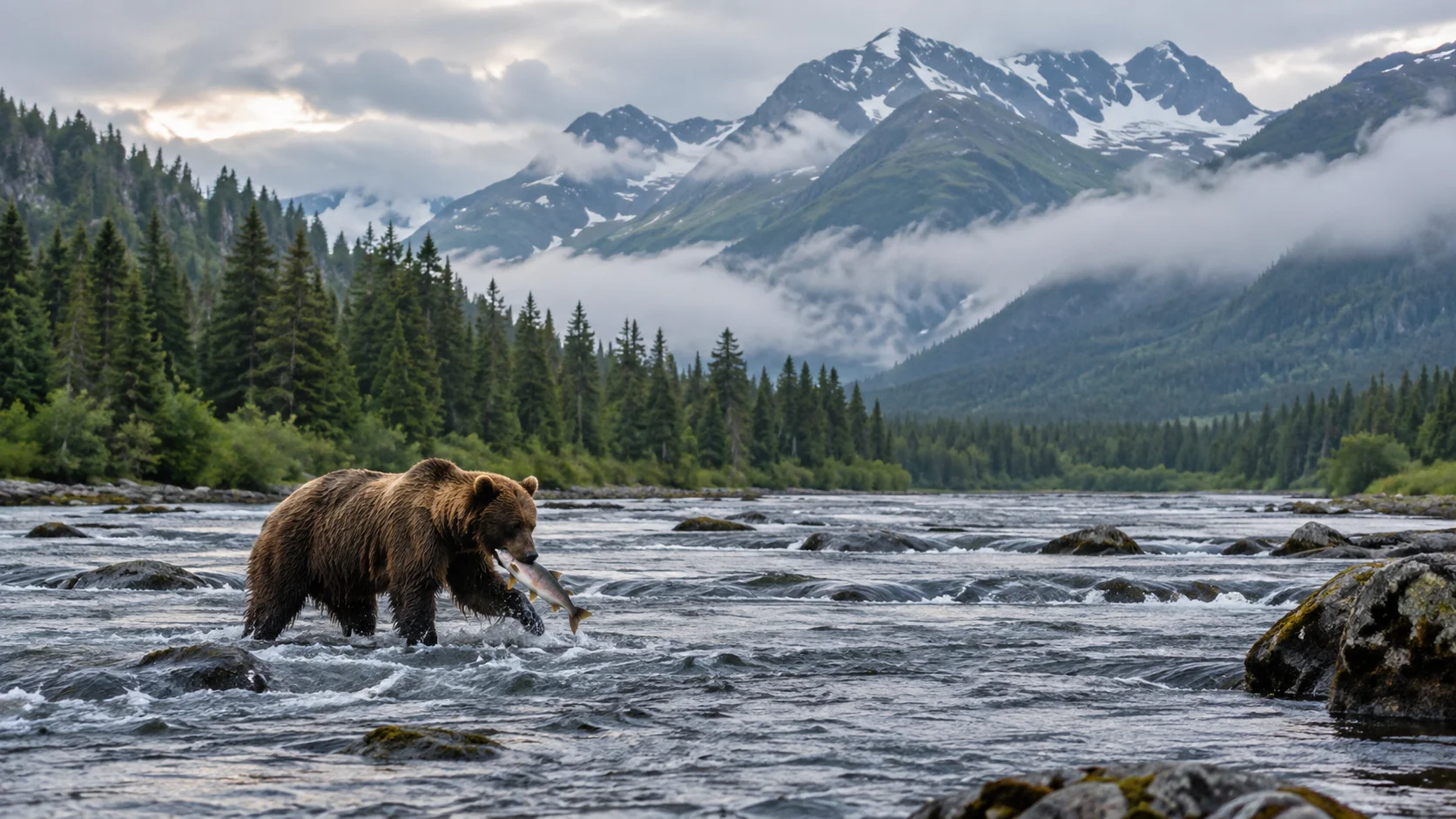 A brown bear catches a salmon in a wild Alaska river