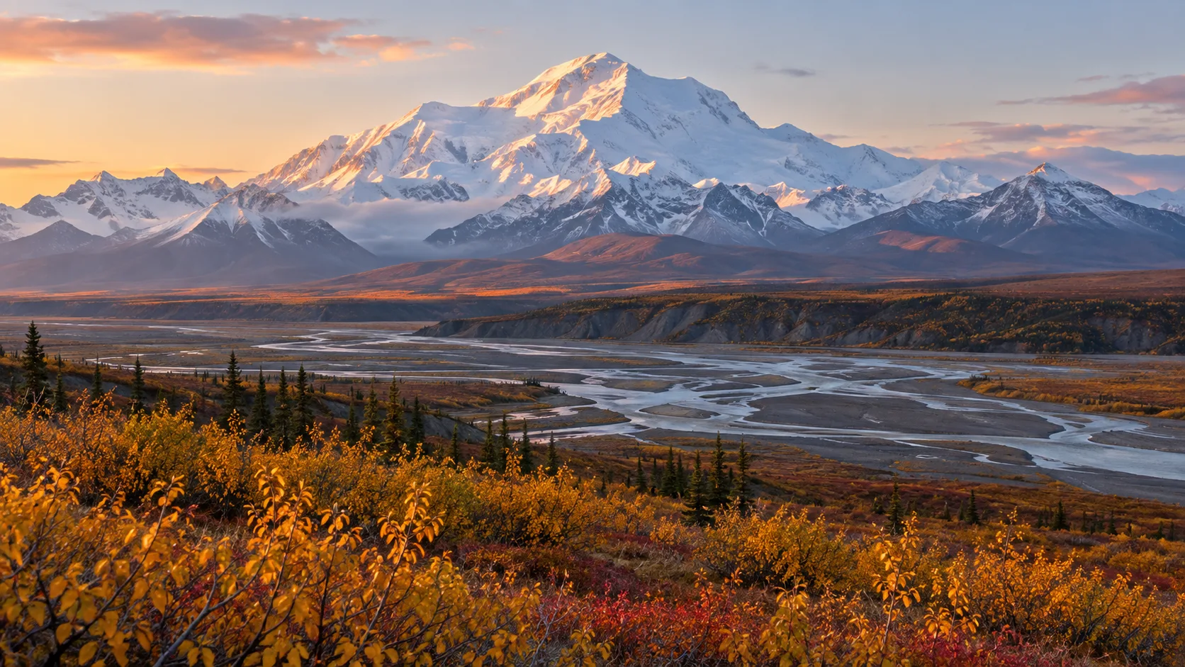 Denali rises above a braided river and golden autumn tundra