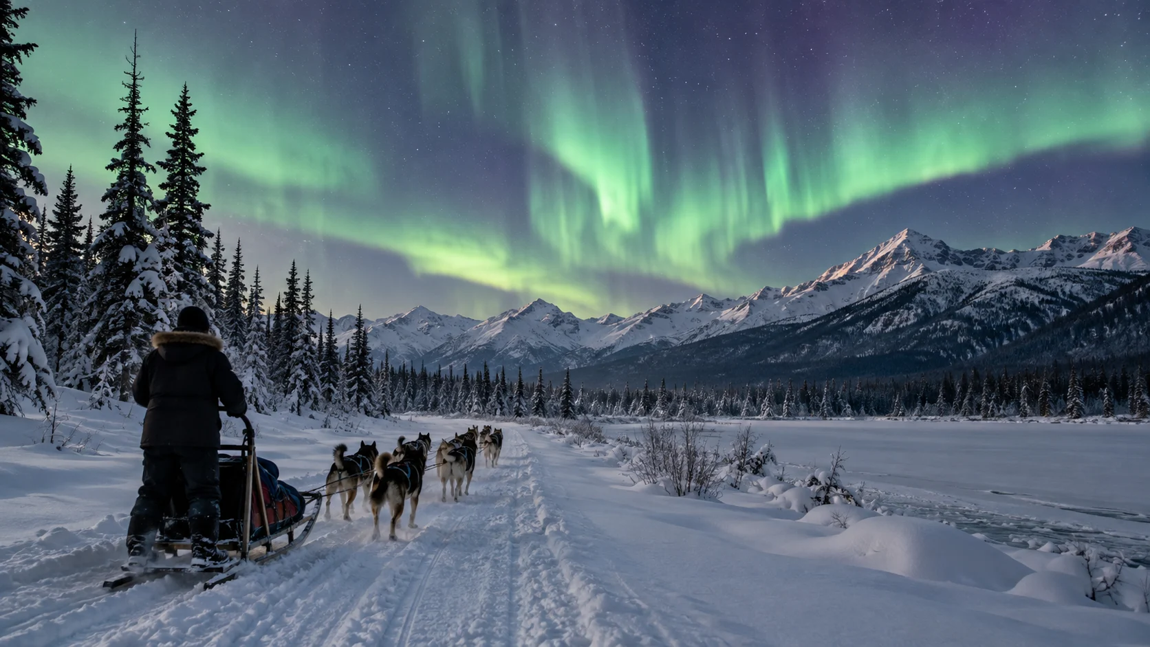 A dog sled team crosses snowy Alaska beneath the northern lights