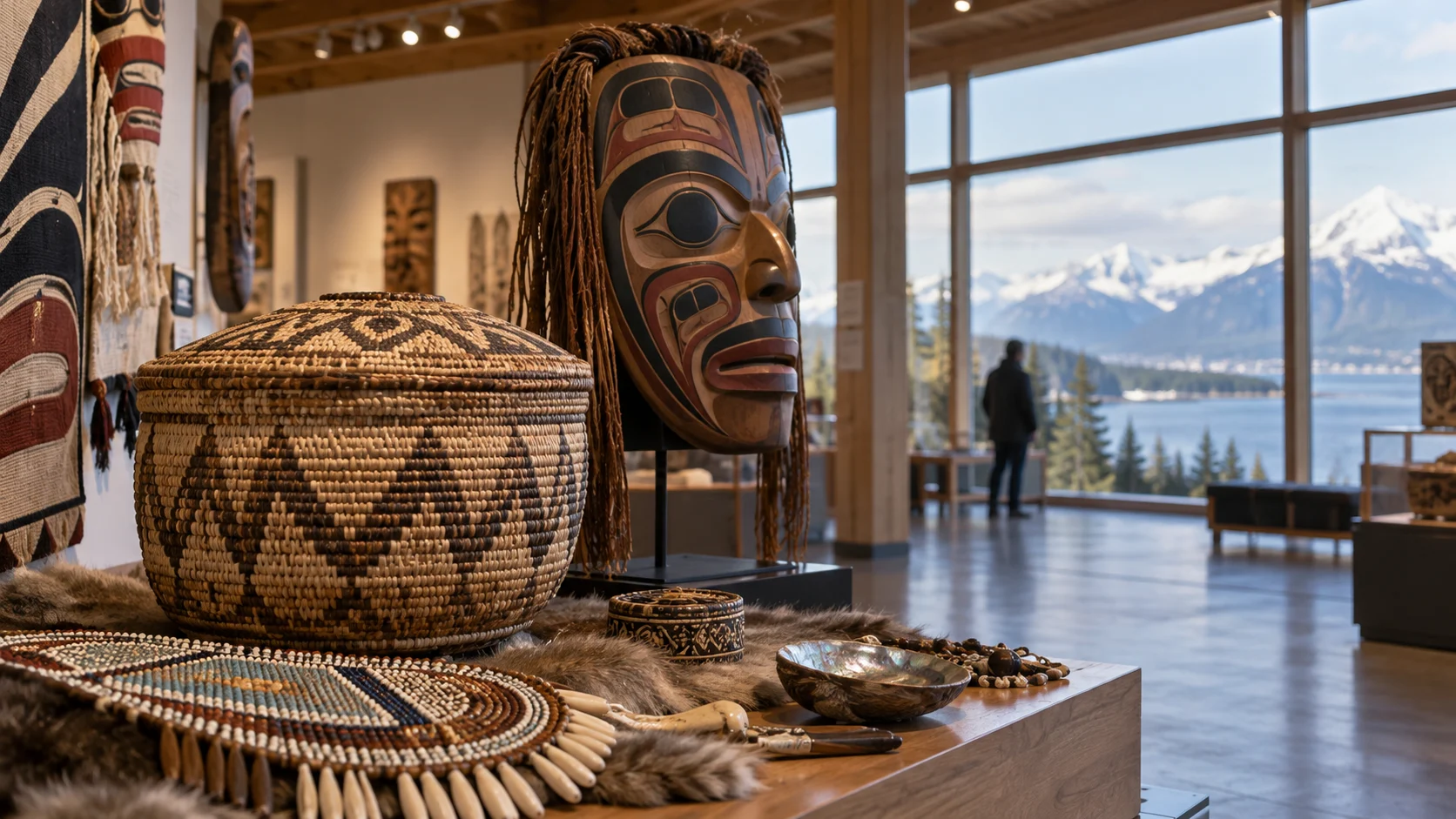A woven basket and carved mask appear in an Alaska Native art exhibit