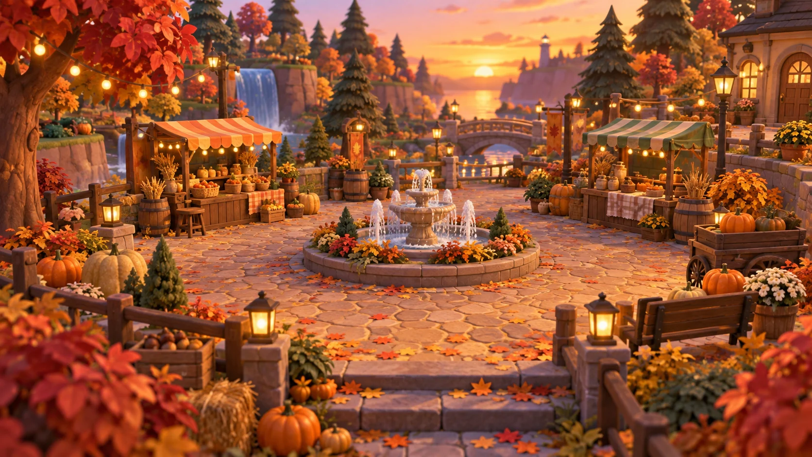 Cozy autumn village plaza with pumpkins, market stalls, and string lights