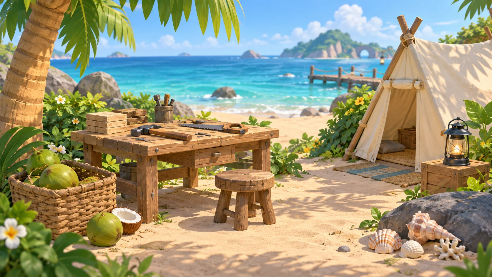 Sunny island workbench with tools, coconuts, shells, lantern, and canvas tent