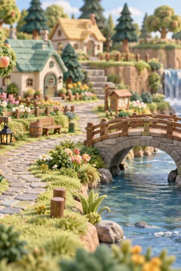 Handcrafted miniature village with fruit trees, cottages, bridge, and river