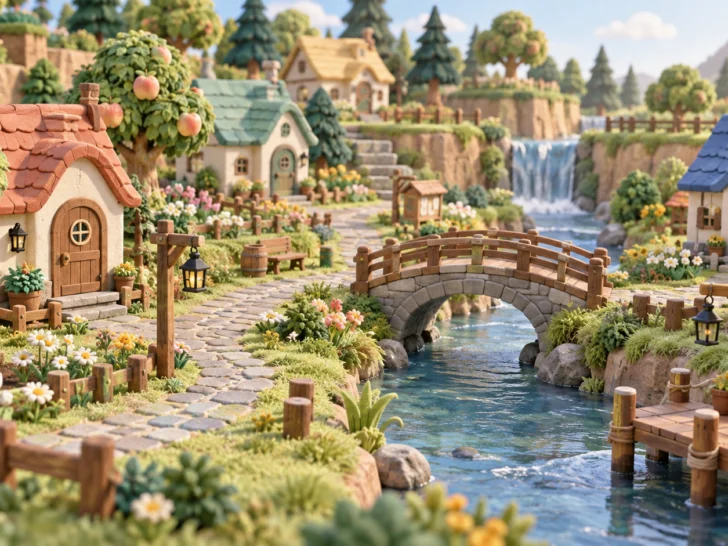 Handcrafted miniature village with fruit trees, cottages, bridge, and river