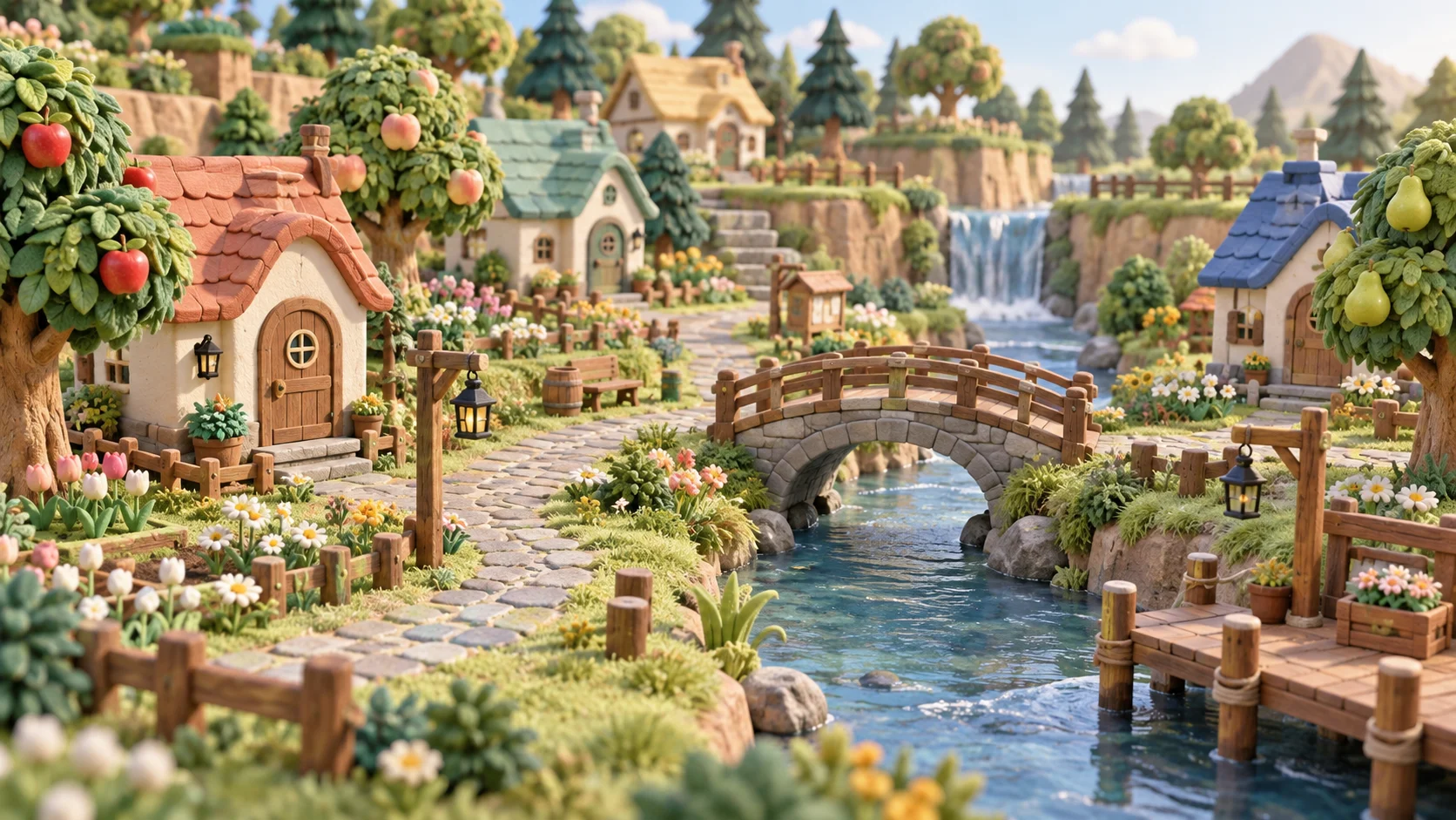 Handcrafted miniature village with fruit trees, cottages, bridge, and river