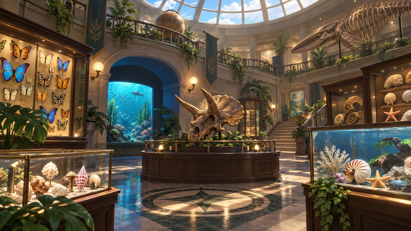 Whimsical natural-history gallery filled with fossils, butterflies, shells, and aquariums