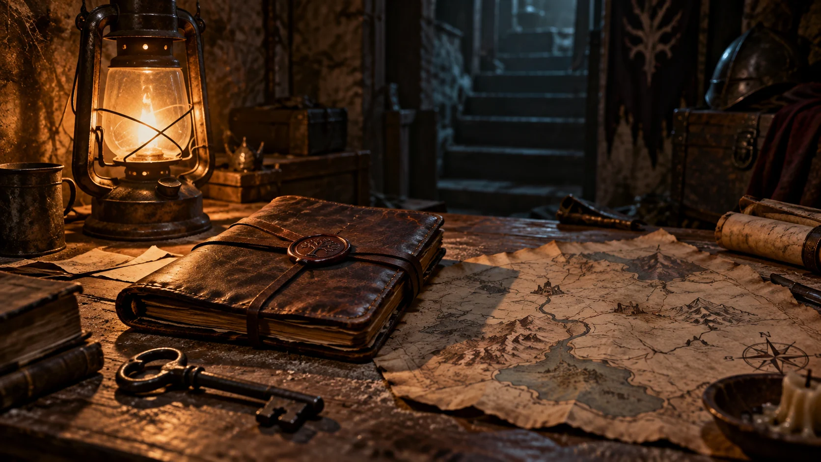 Iron key sealed journal blank map and lantern on a basement desk