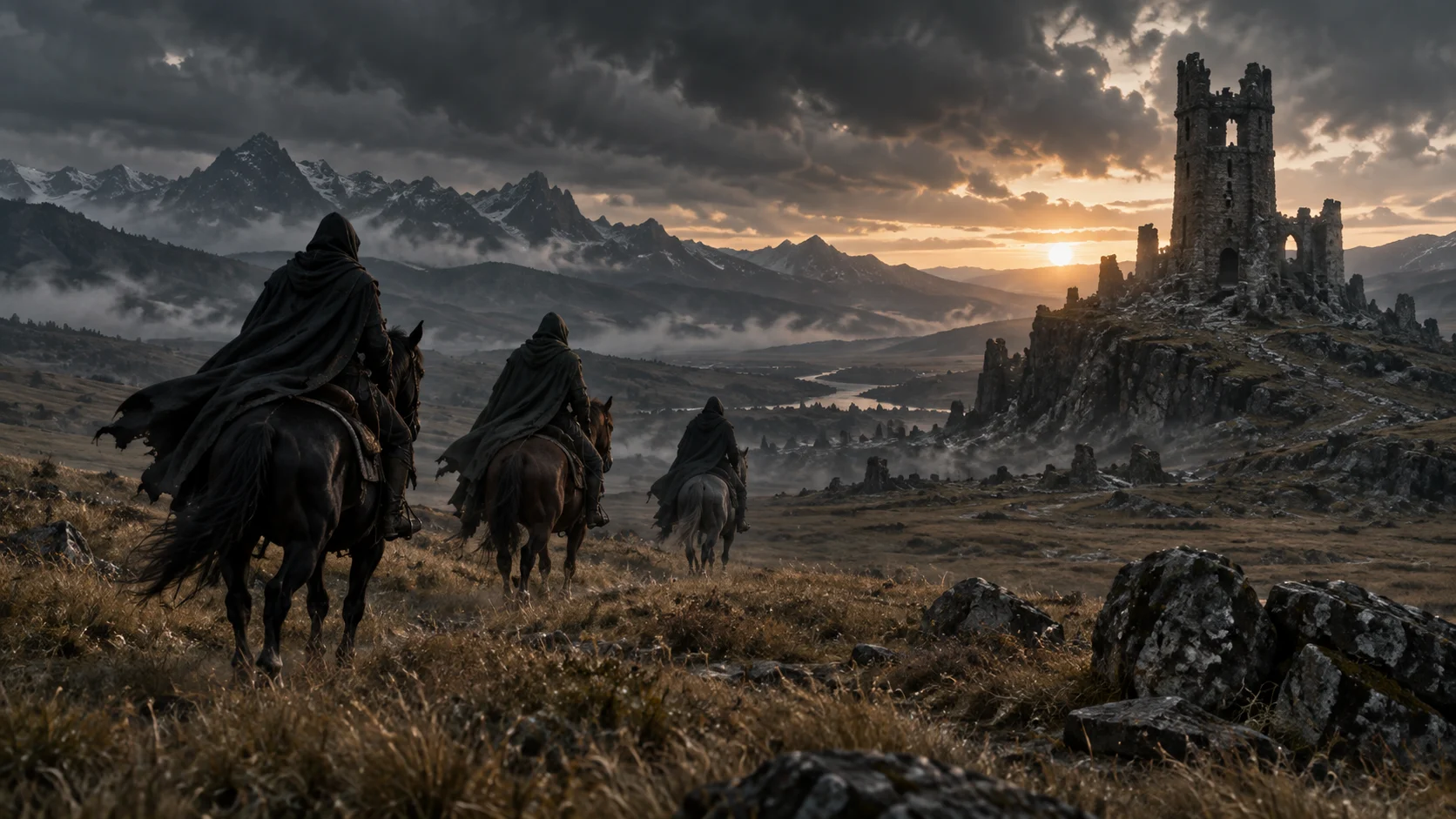Cloaked riders crossing grassland toward a ruined watchtower