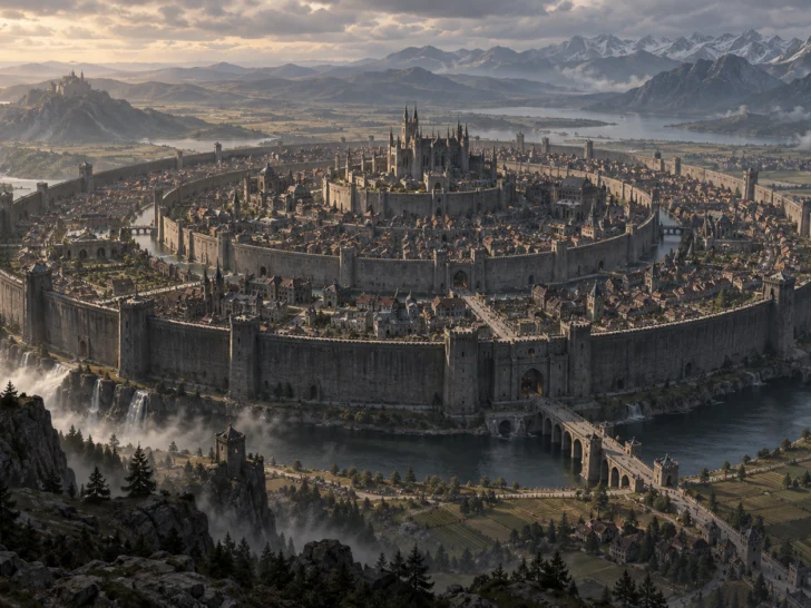 Medieval city enclosed by three enormous concentric stone walls