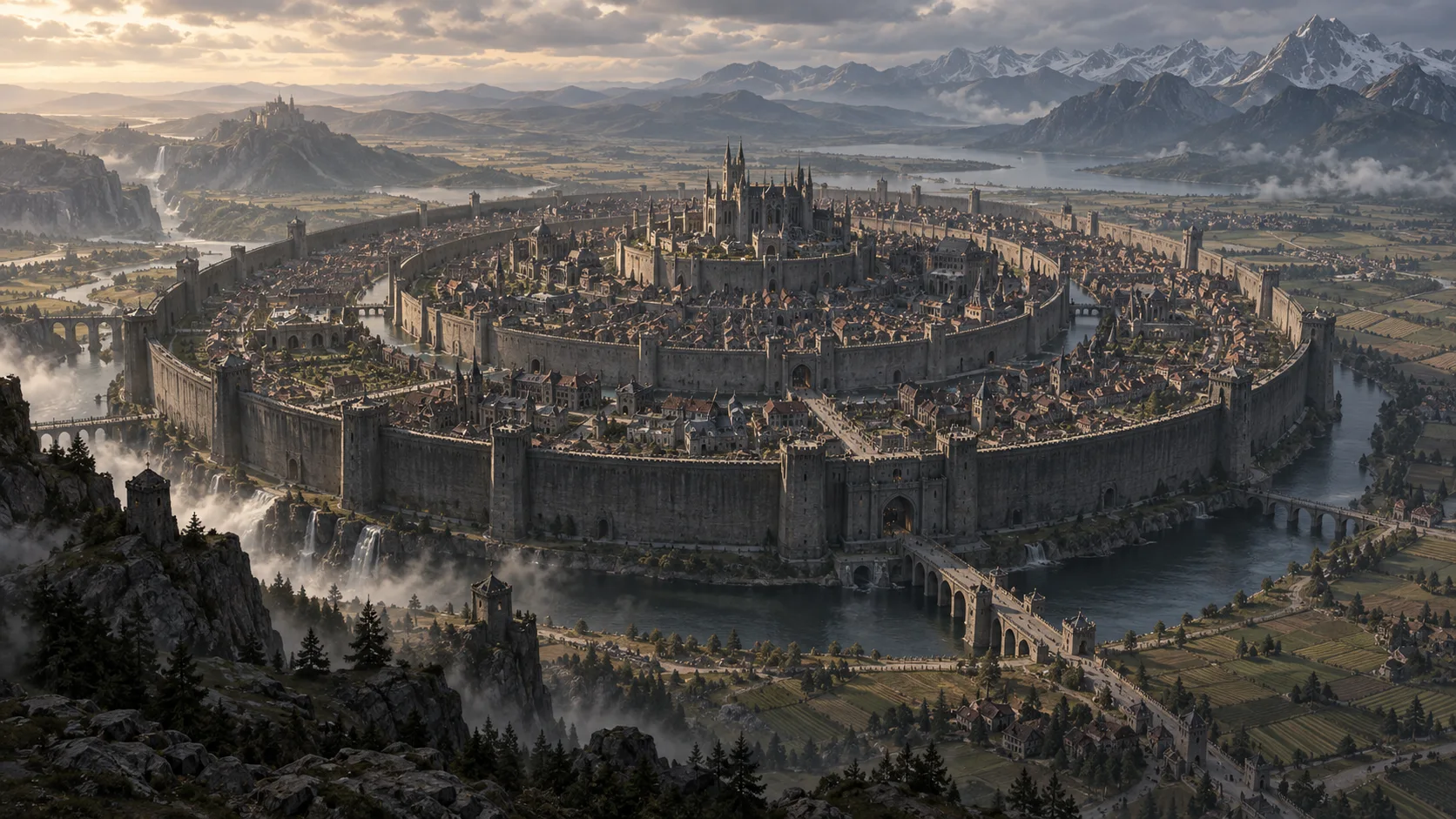 Medieval city enclosed by three enormous concentric stone walls