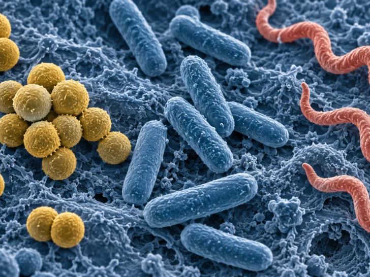 False-color microscopic view of cocci bacilli and spiral bacteria