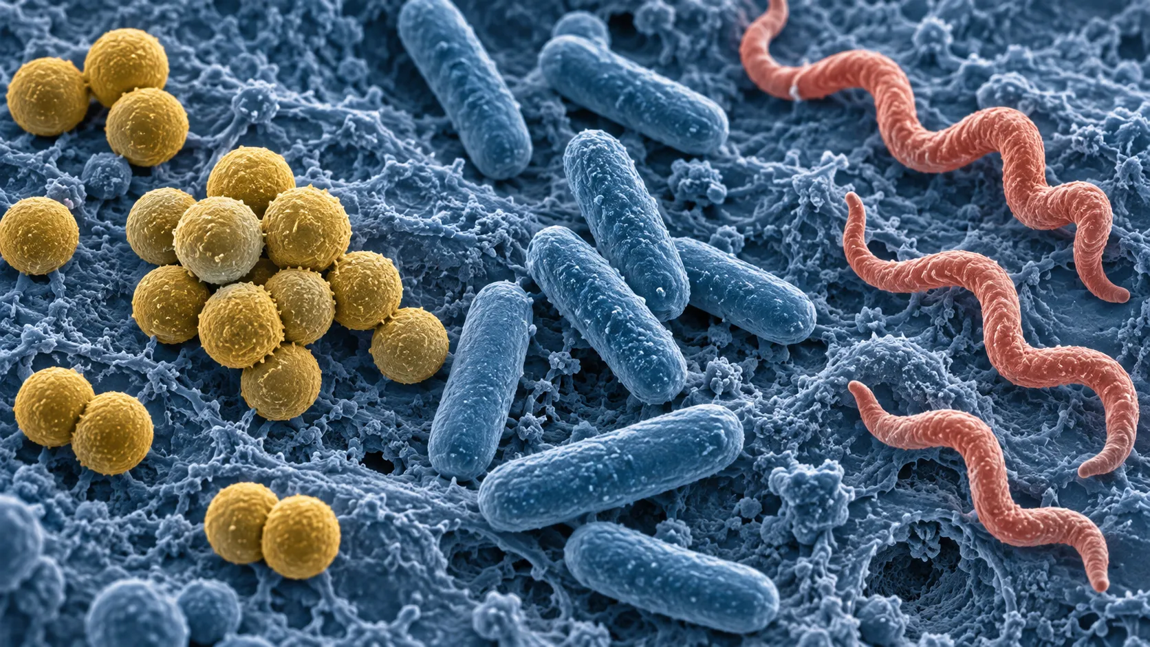 False-color microscopic view of cocci bacilli and spiral bacteria
