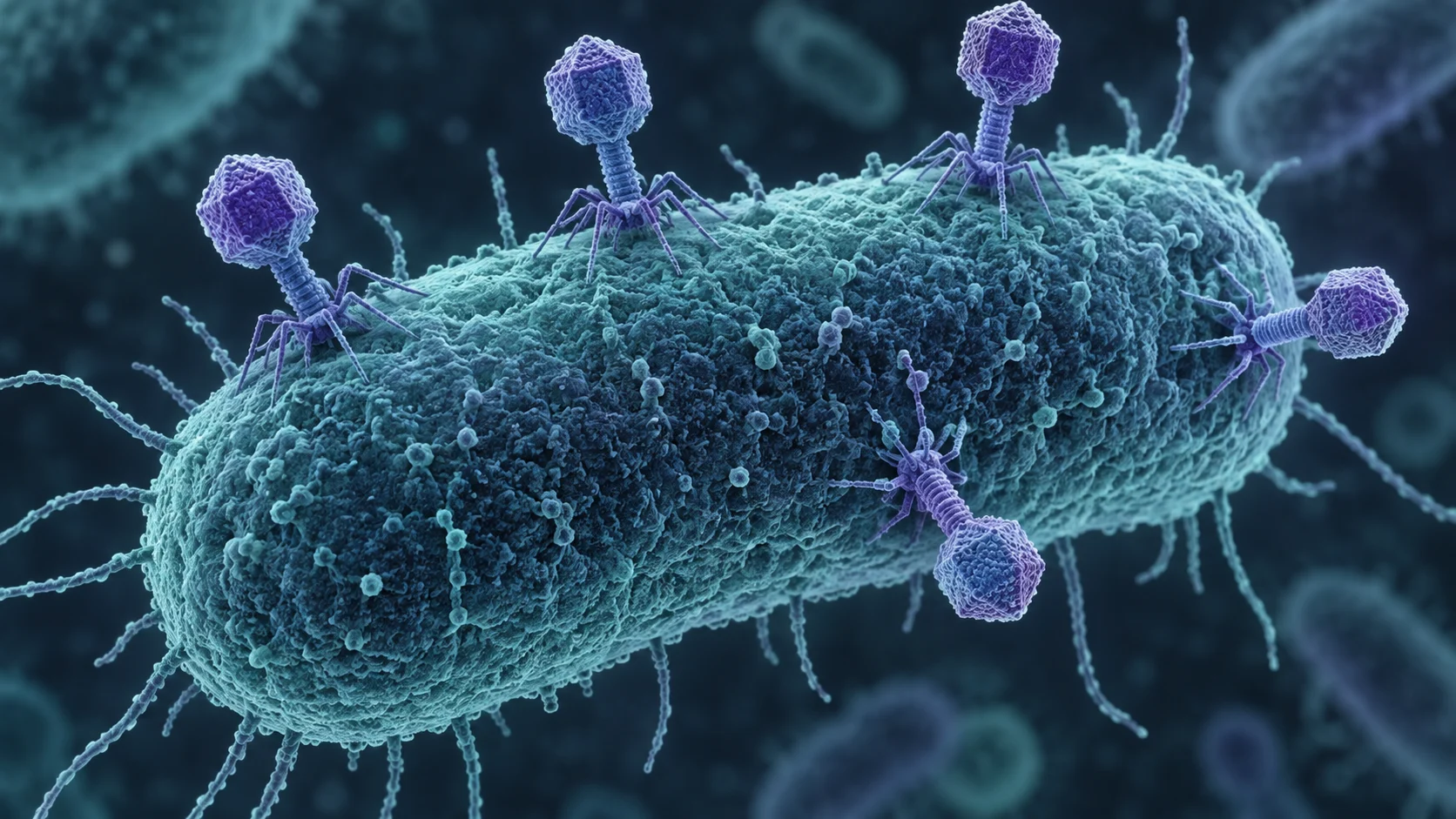 Bacteriophages attached to the surface of a rod-shaped bacterium