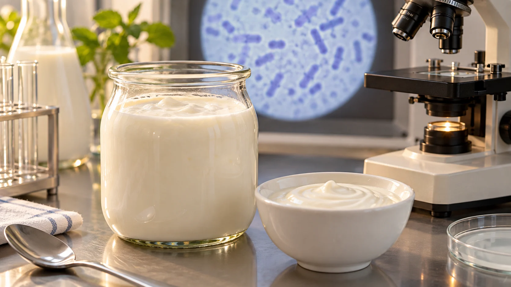 Plain yogurt and cultured milk beside a laboratory microscope