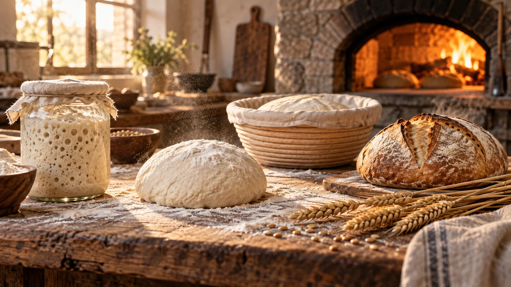 Bread bench with sourdough starter, dough, proofing basket, and scored loaf