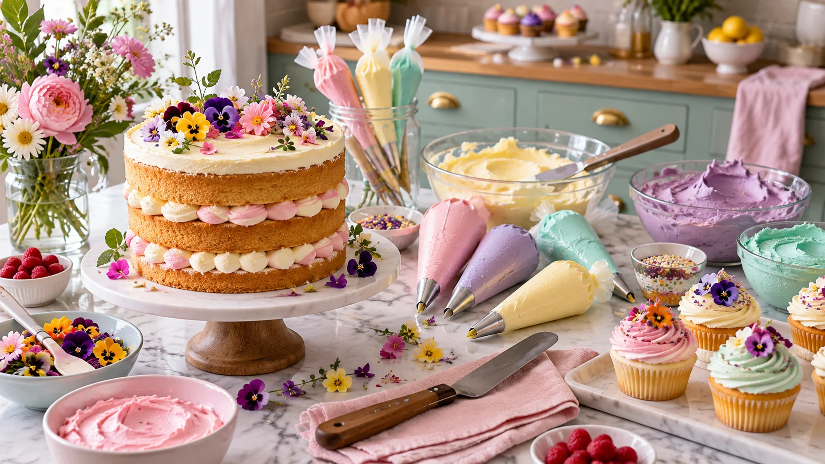 Cake-decorating station with layered sponge, piping bags, cupcakes, and flowers