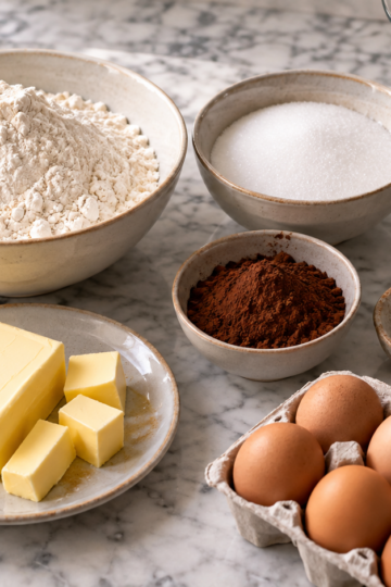 Baking ingredients and measuring tools arranged on a marble counter