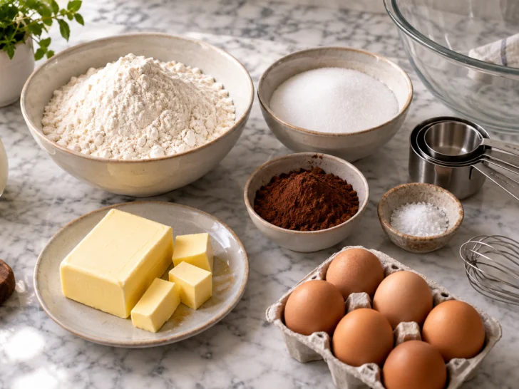 Baking ingredients and measuring tools arranged on a marble counter