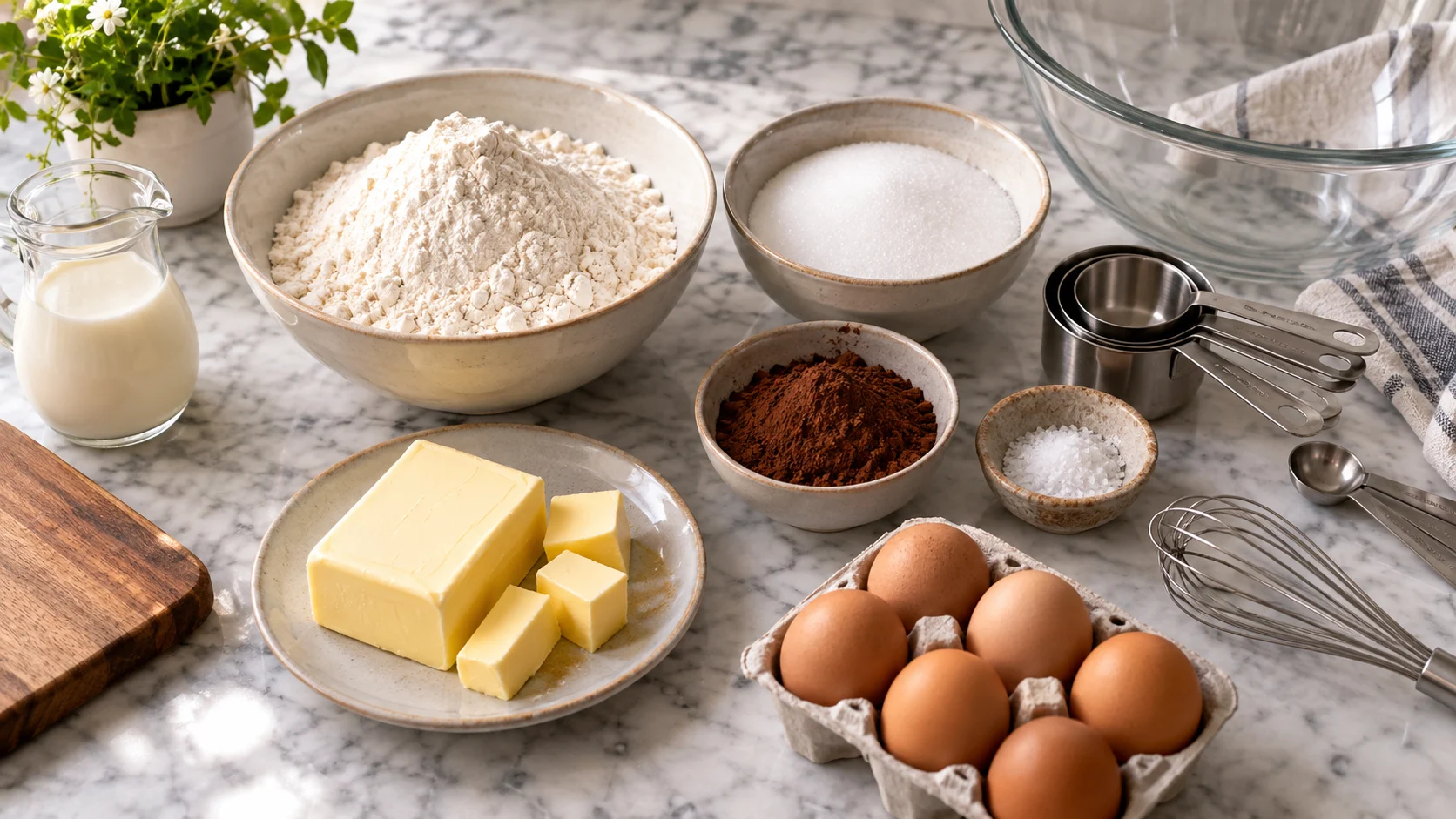 Baking ingredients and measuring tools arranged on a marble counter