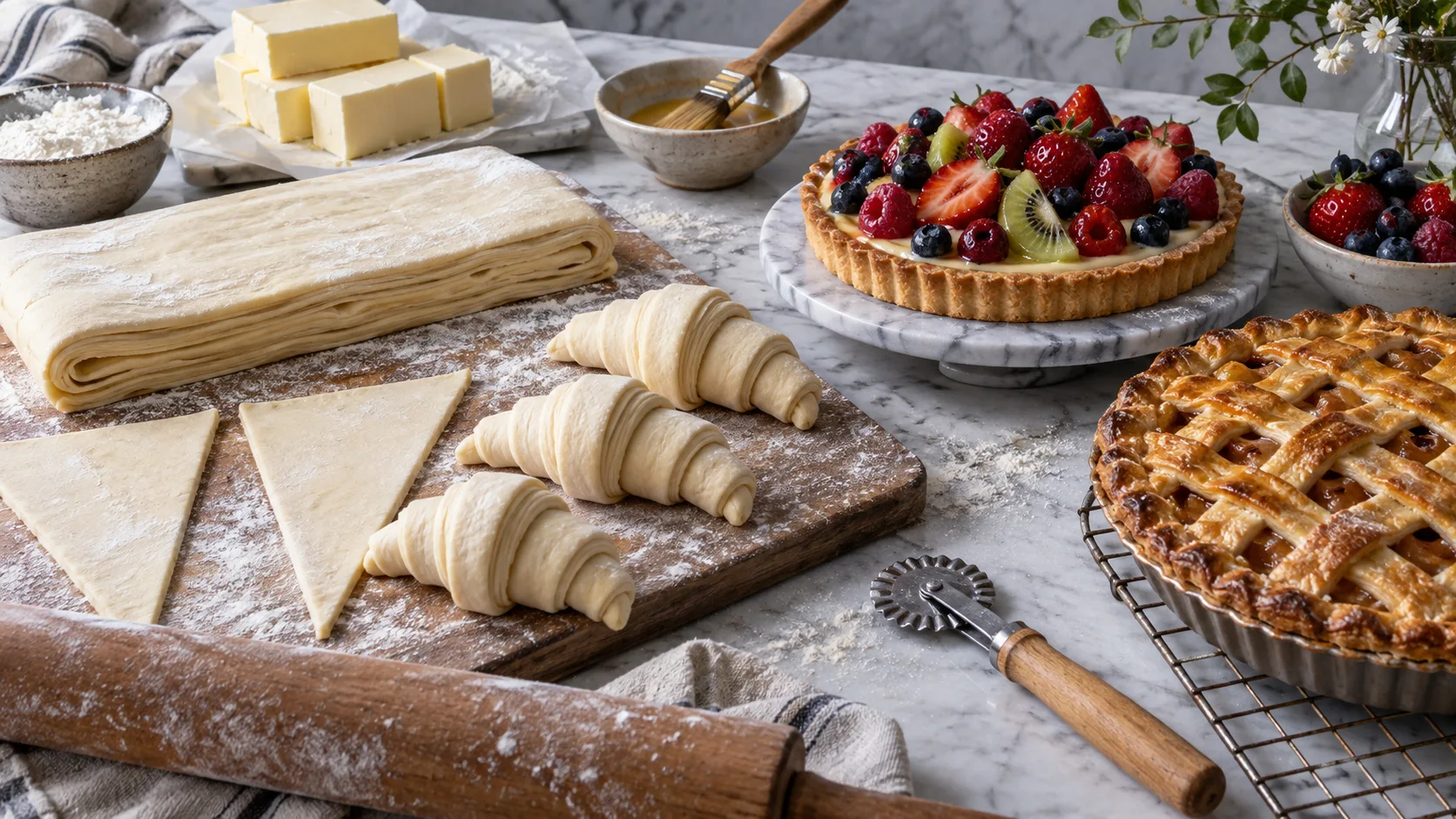 Pastry bench with croissant dough, fruit tart, lattice pie, and rolling pin