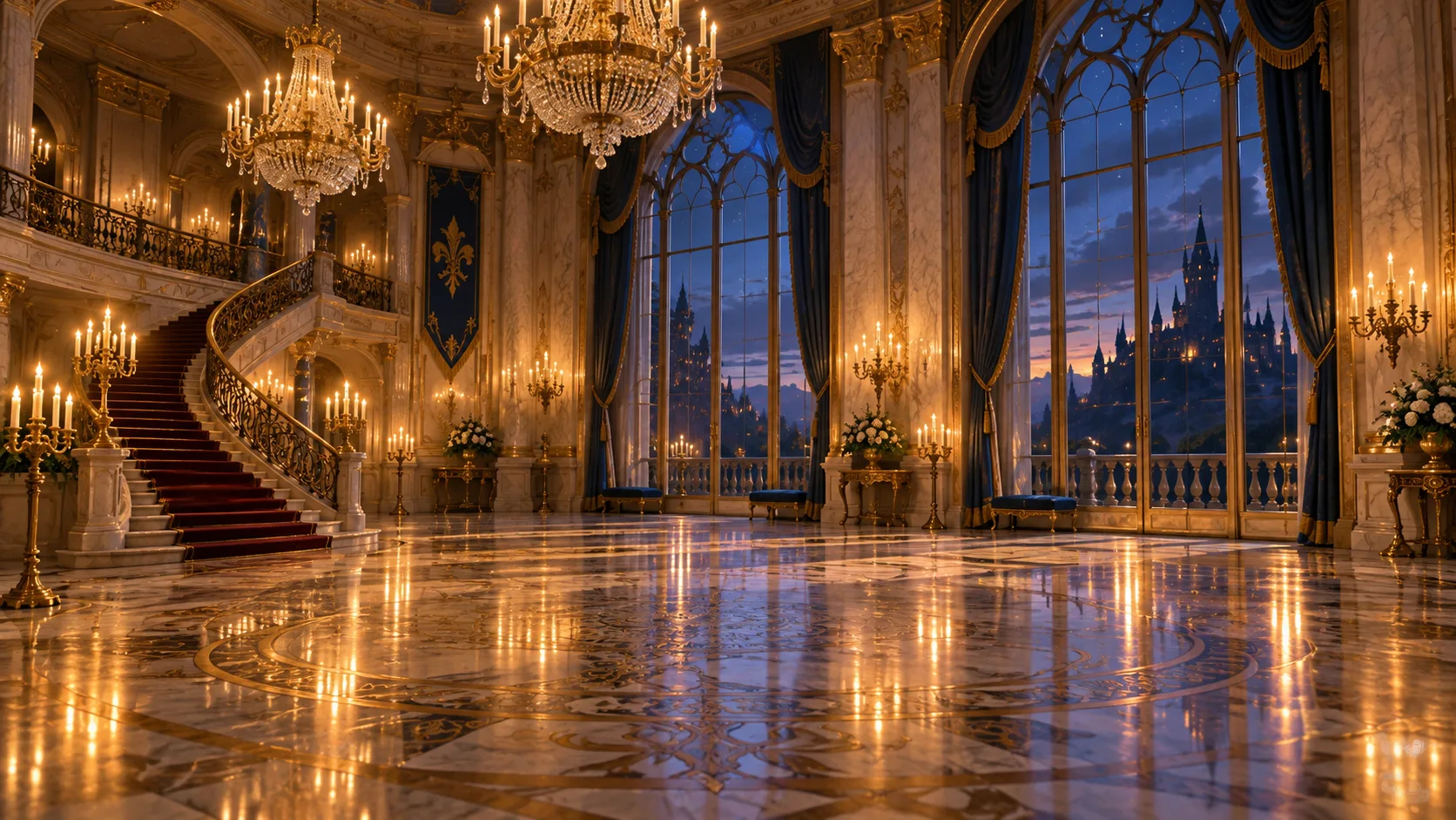A candlelit golden ballroom inside an enchanted castle