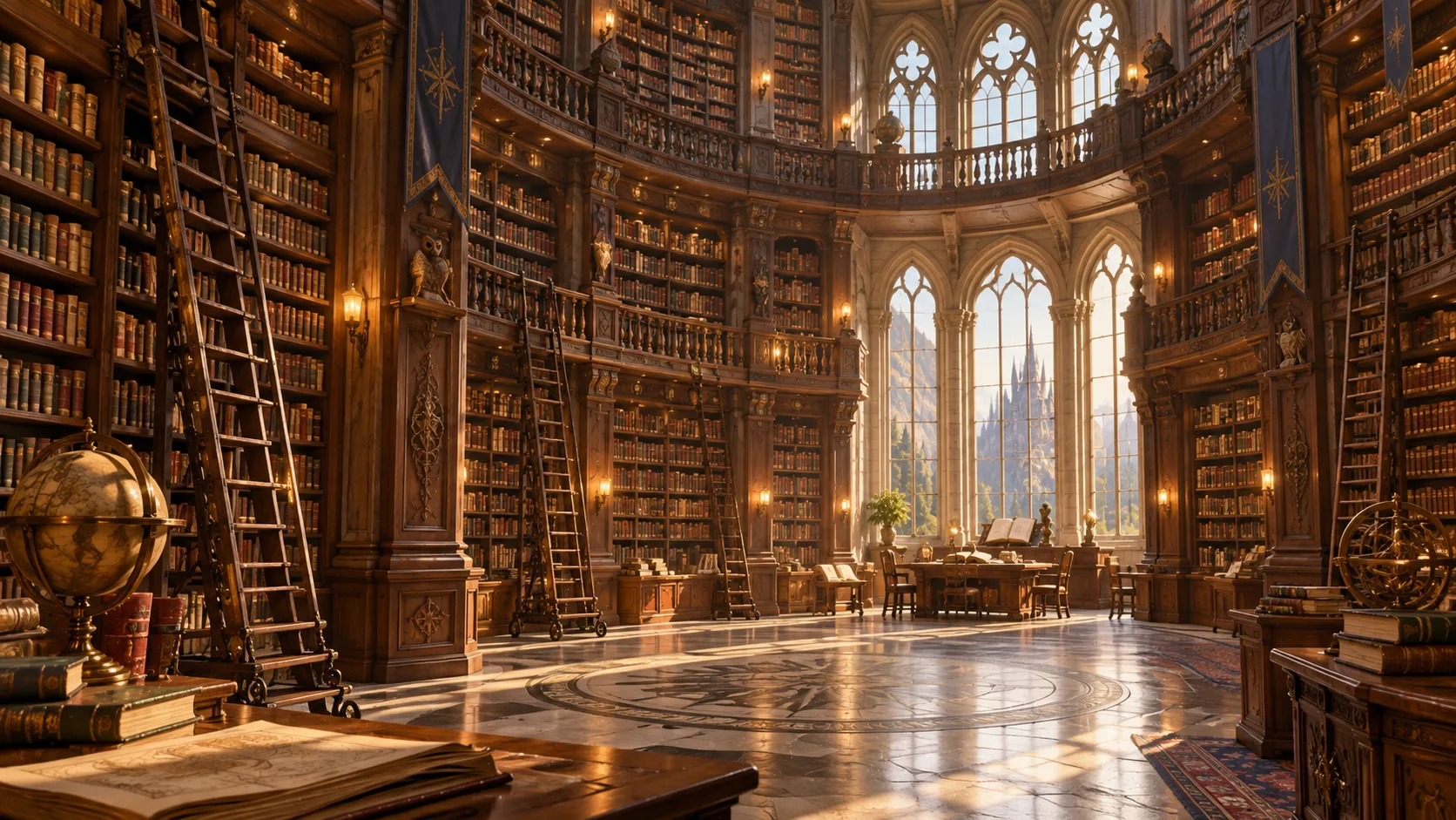 A towering circular castle library with ladders and warm light