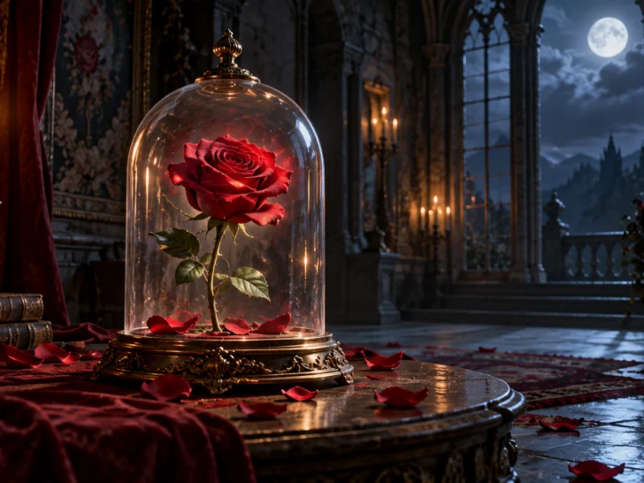 A red rose glowing beneath glass in an old castle room