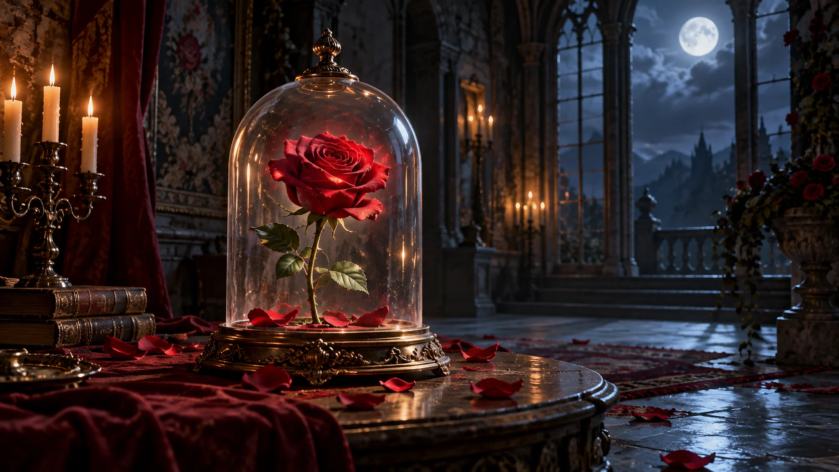 A red rose glowing beneath glass in an old castle room