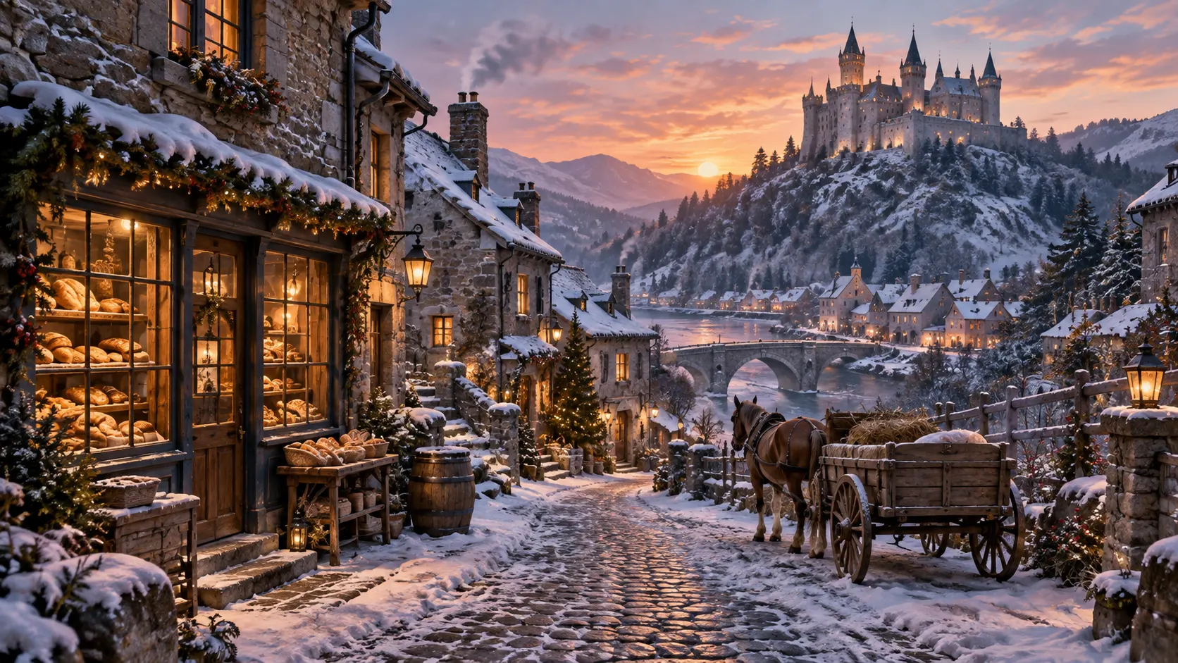 A snowy French village beneath a distant castle