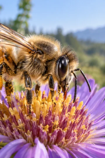 Honeybee macro showing compound eyes, antennae, wings, legs, and pollen baskets