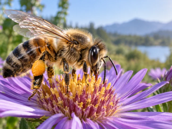 Honeybee macro showing compound eyes, antennae, wings, legs, and pollen baskets