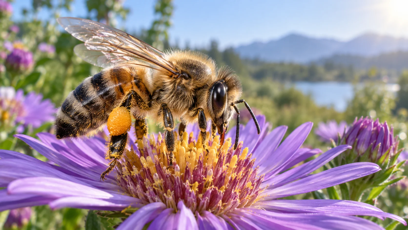 Honeybee macro showing compound eyes, antennae, wings, legs, and pollen baskets