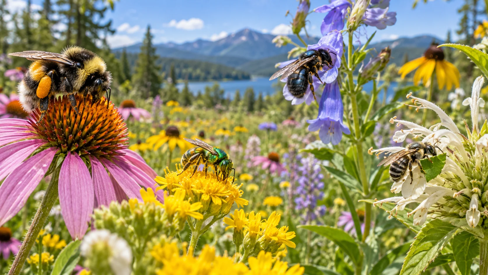 Wildflower meadow with bumblebee, metallic green bee, mason bee, and leafcutter bee