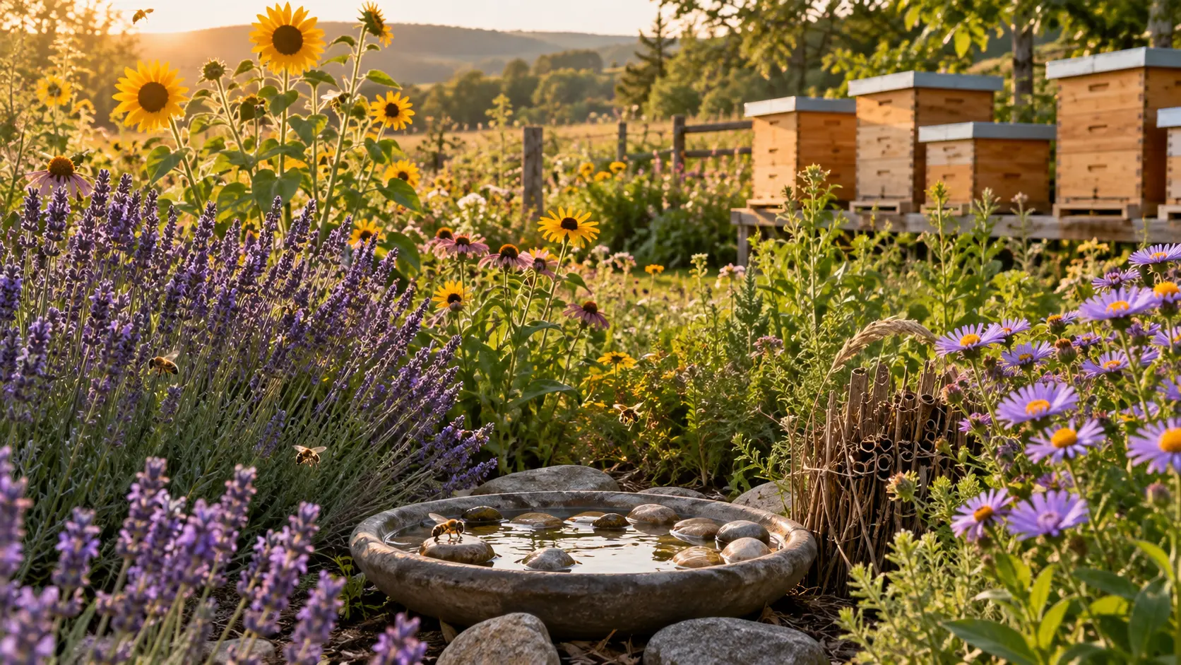 Bee-friendly garden with native flowers, wooden hives, water dish, and nesting stems