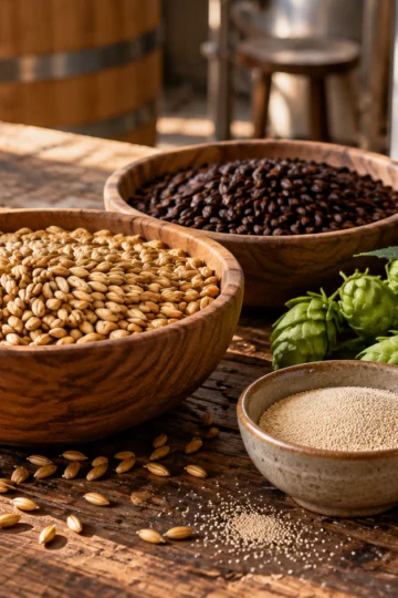 Malt, roasted grain, hop cones, water, and yeast on a brewing workbench
