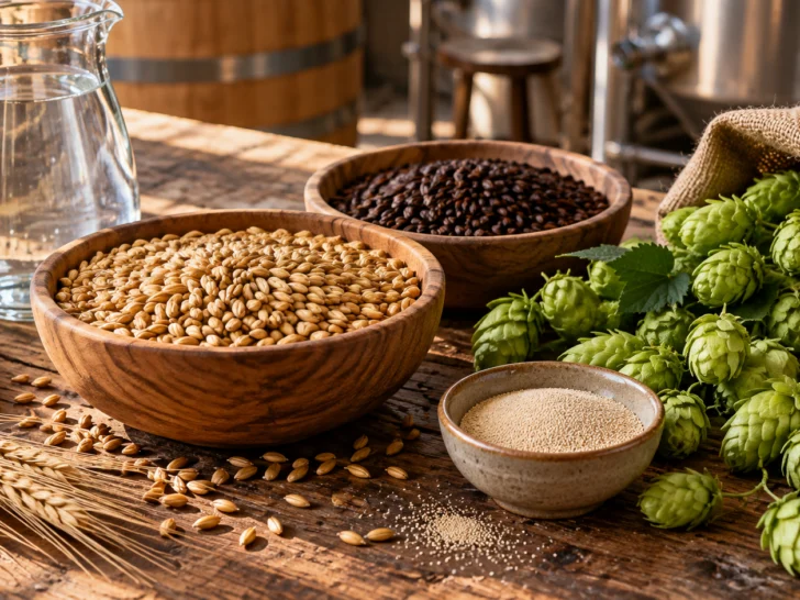 Malt, roasted grain, hop cones, water, and yeast on a brewing workbench