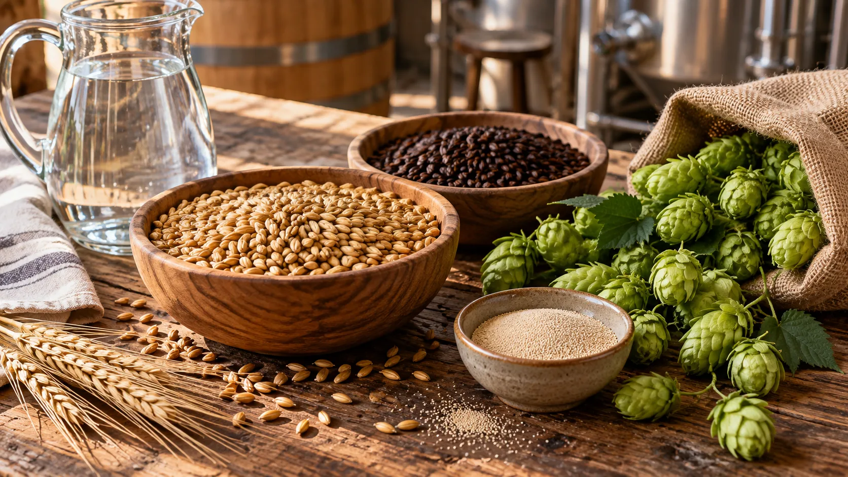 Malt, roasted grain, hop cones, water, and yeast on a brewing workbench