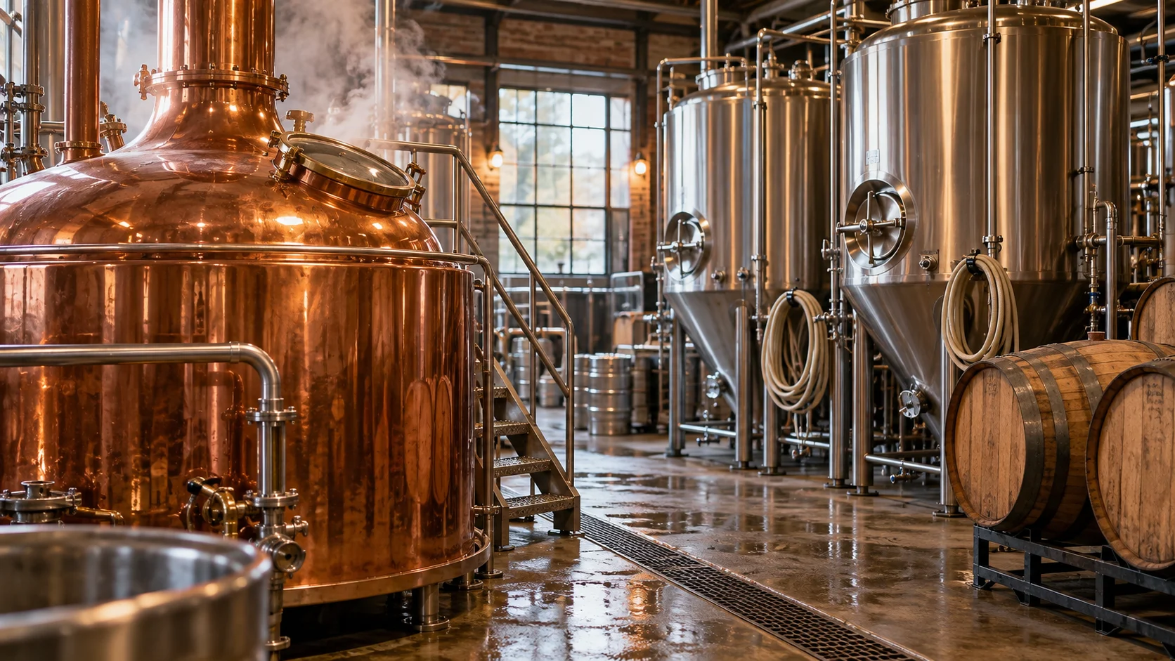 Craft brewhouse with copper mash tun, fermenters, hoses, and barrels