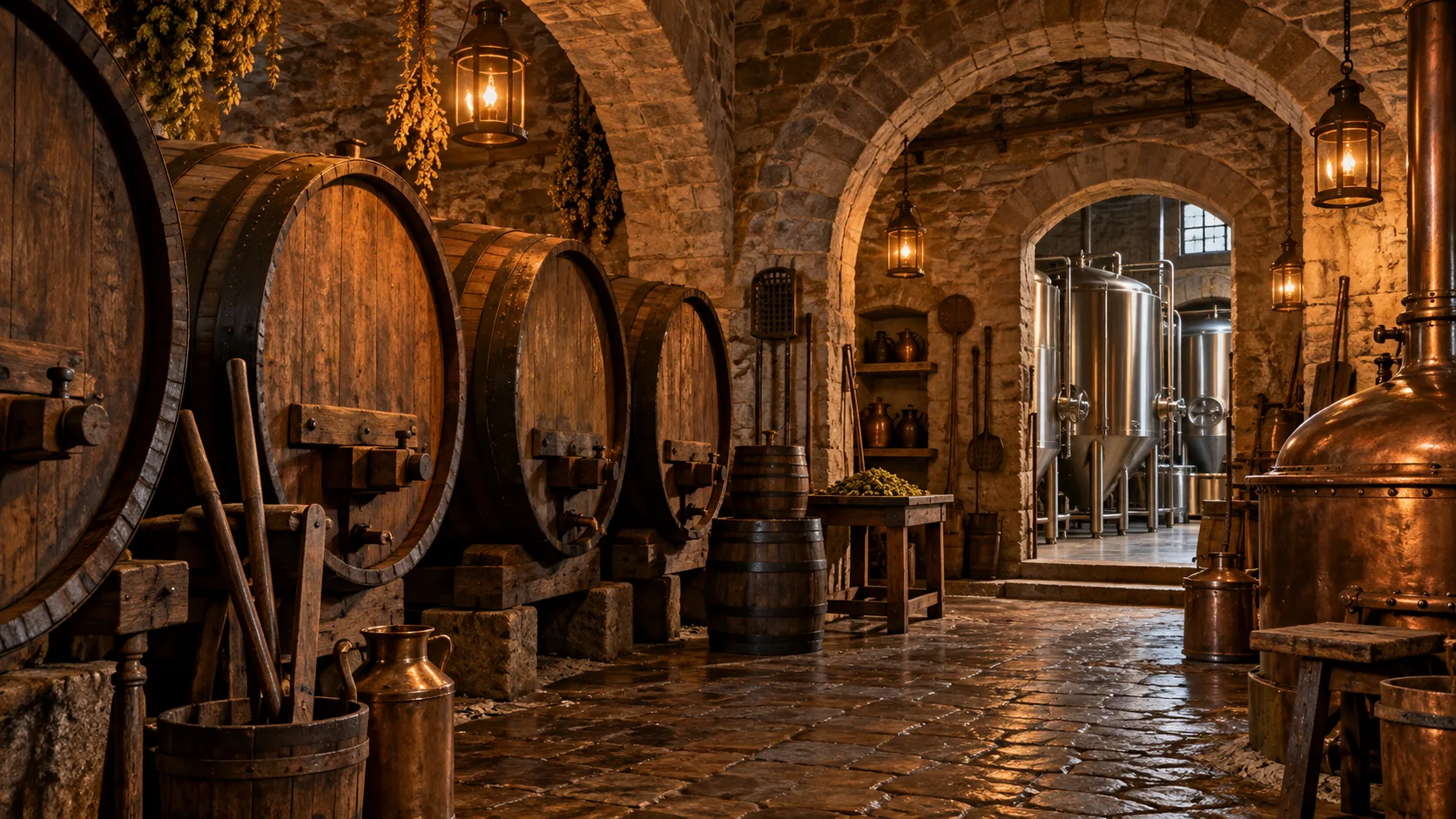 Historic brewery cellar with stone arches, wooden casks, and copper lanterns