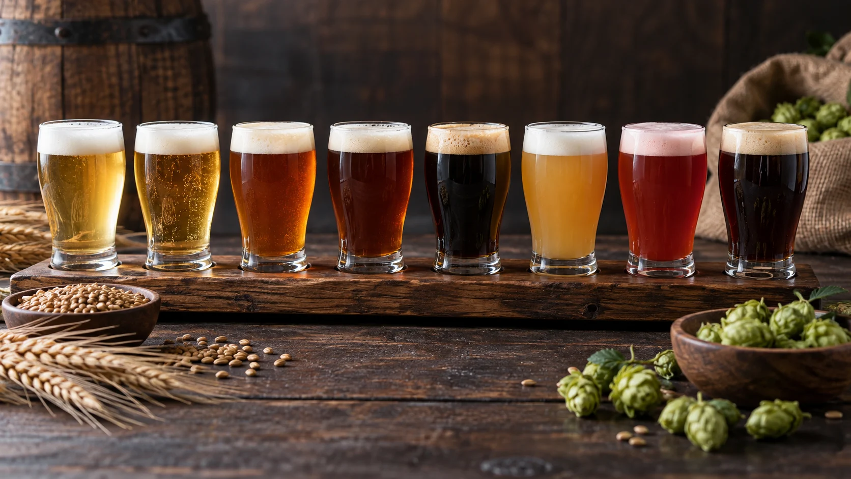 Beer tasting flight with pale, amber, brown, cloudy, and ruby styles