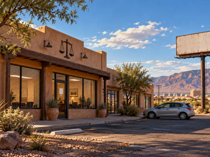 A modest roadside law office beneath the New Mexico sun