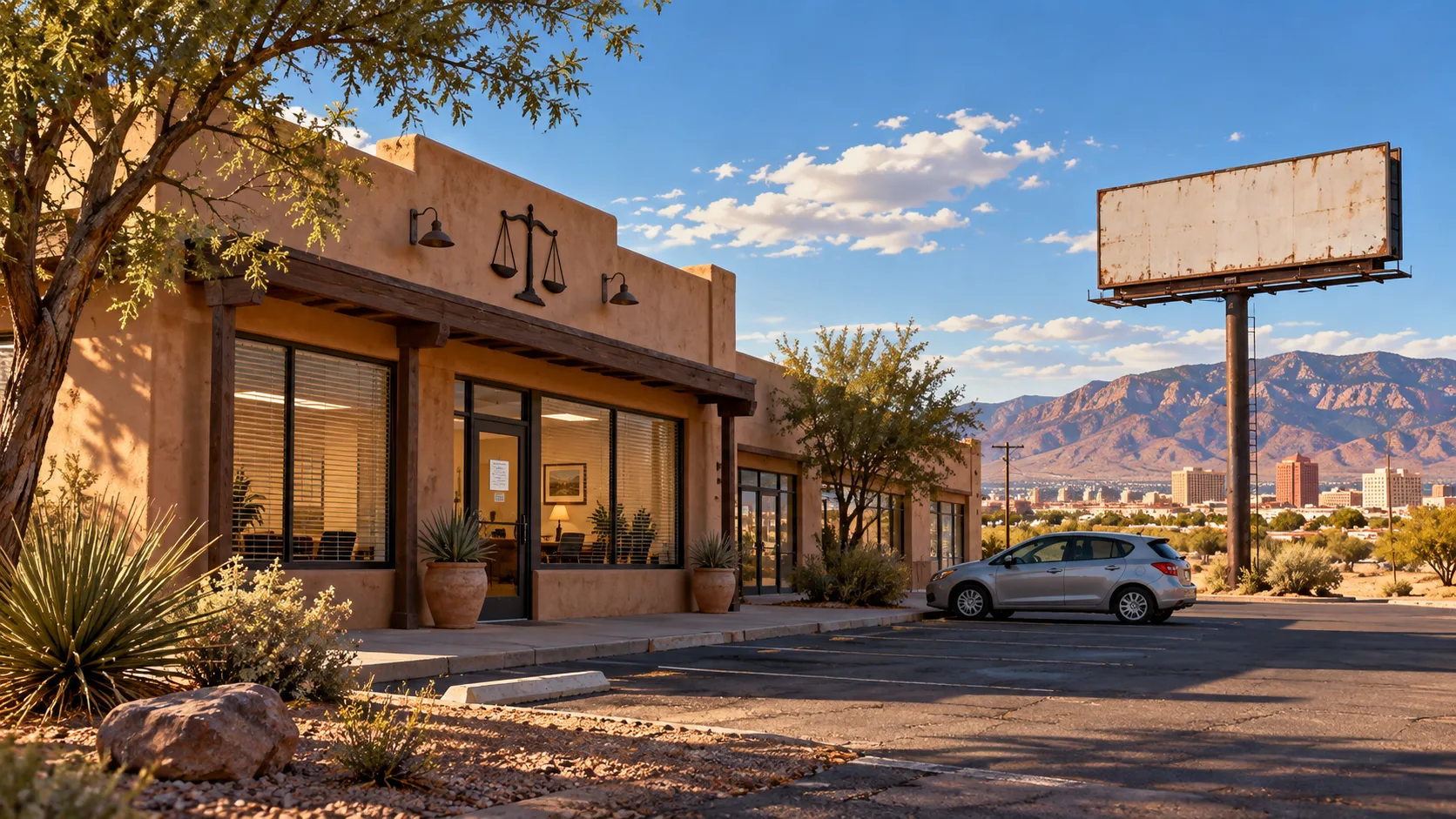 A modest roadside law office beneath the New Mexico sun
