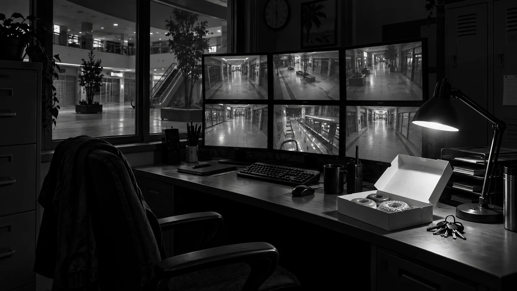 A quiet shopping mall security office shown in black and white