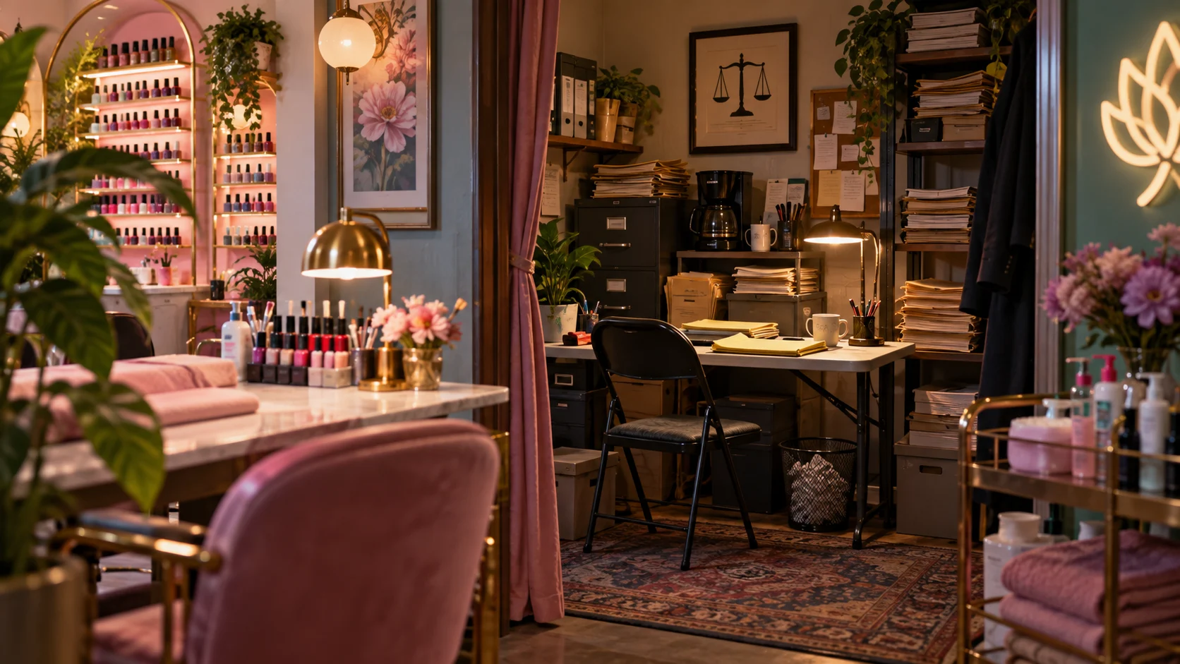 A cramped back office hidden inside a colorful nail salon