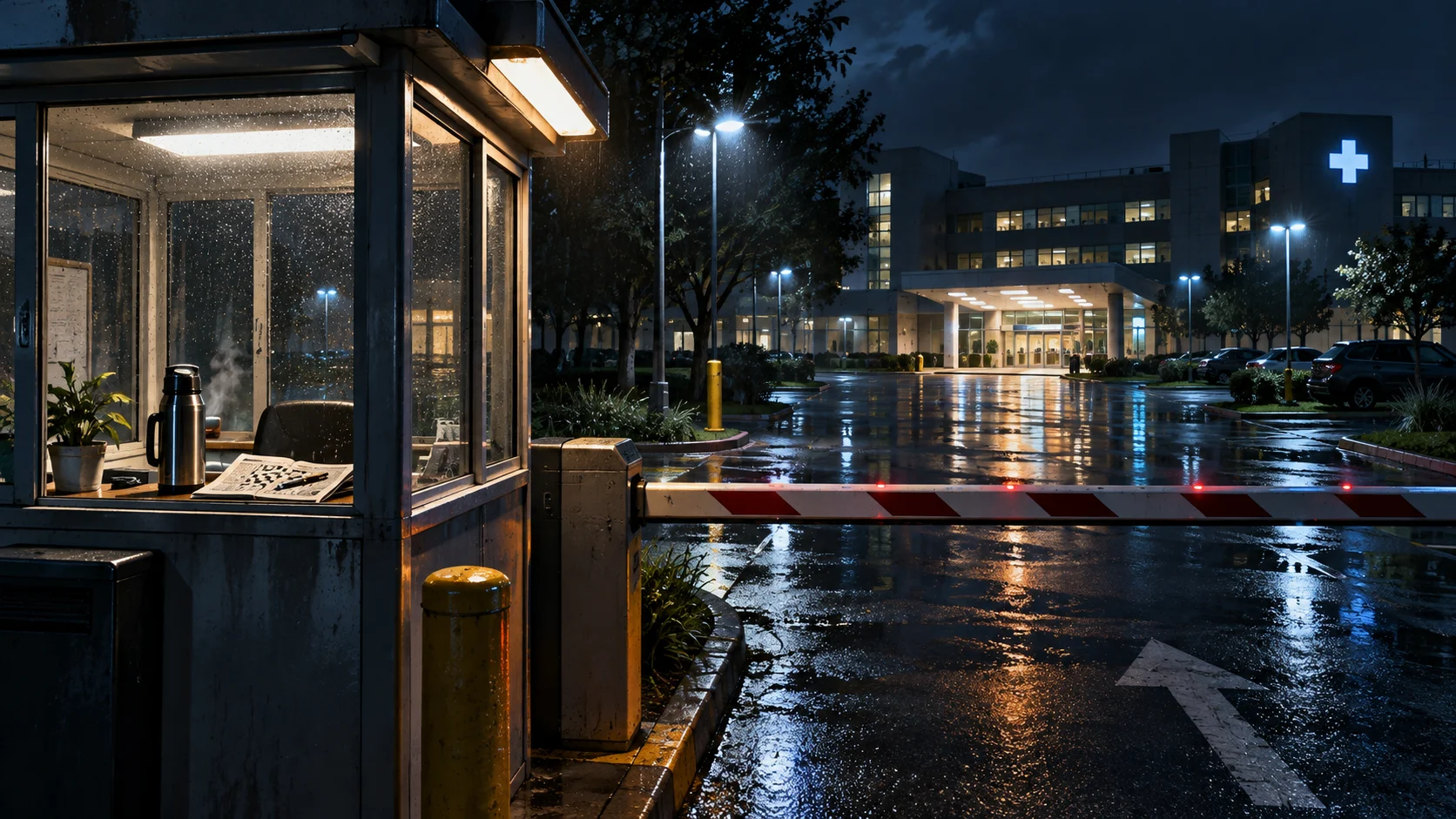 A lonely parking booth under fluorescent lights at night