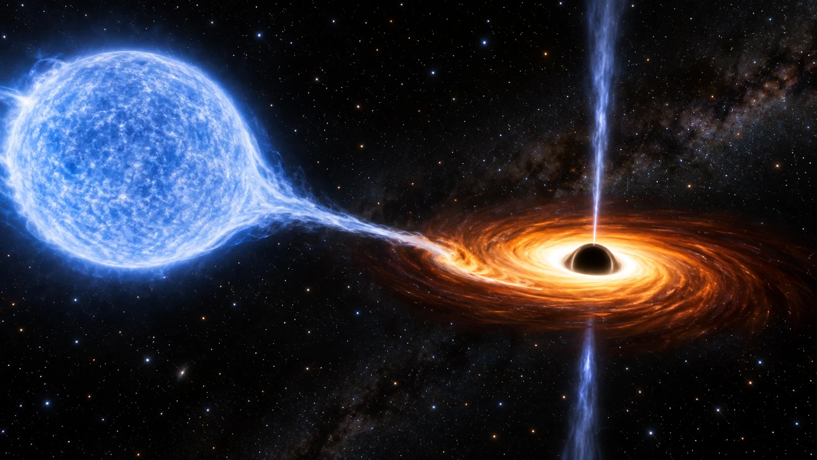 A black hole drawing gas from a bright companion star in a binary system